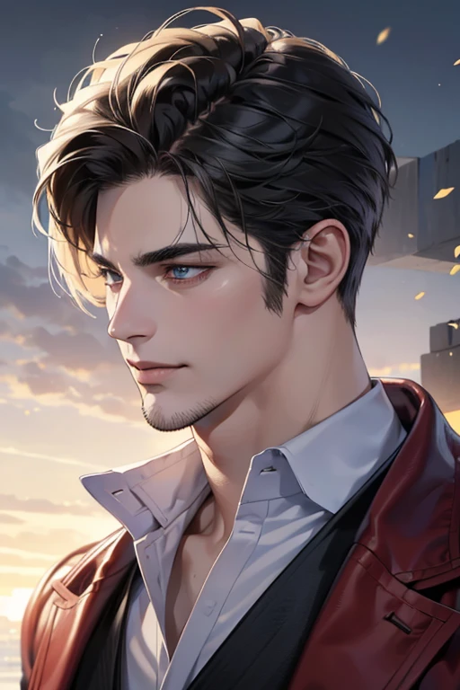 (best quality,4k,8k,highres,masterpiece:1.2),ultra-detailed,(realistic,photorealistic,photo-realistic:1.37),30 year old man,3 day beard,handsome anime,portraits,strong,masculine,dark hair,sharp jawline,mesmerizing eyes,perfectly styled hair,cool anime outfit,confident expression,vibrant colors,dynamic lighting, CEO and expression smile in love.