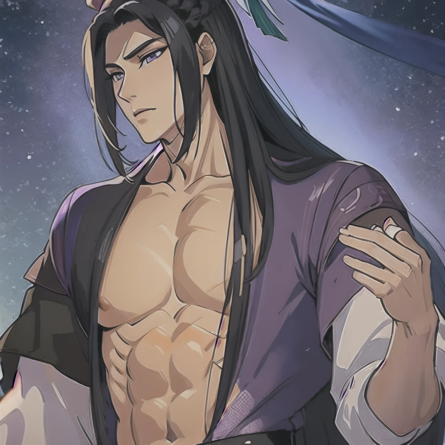 (masterpiece, best quality:1.2), 1male, solo, jiang cheng, mo dao zu shi, mdzs, purple and black clothes, purple eyes, long black hair, perfect anatomy