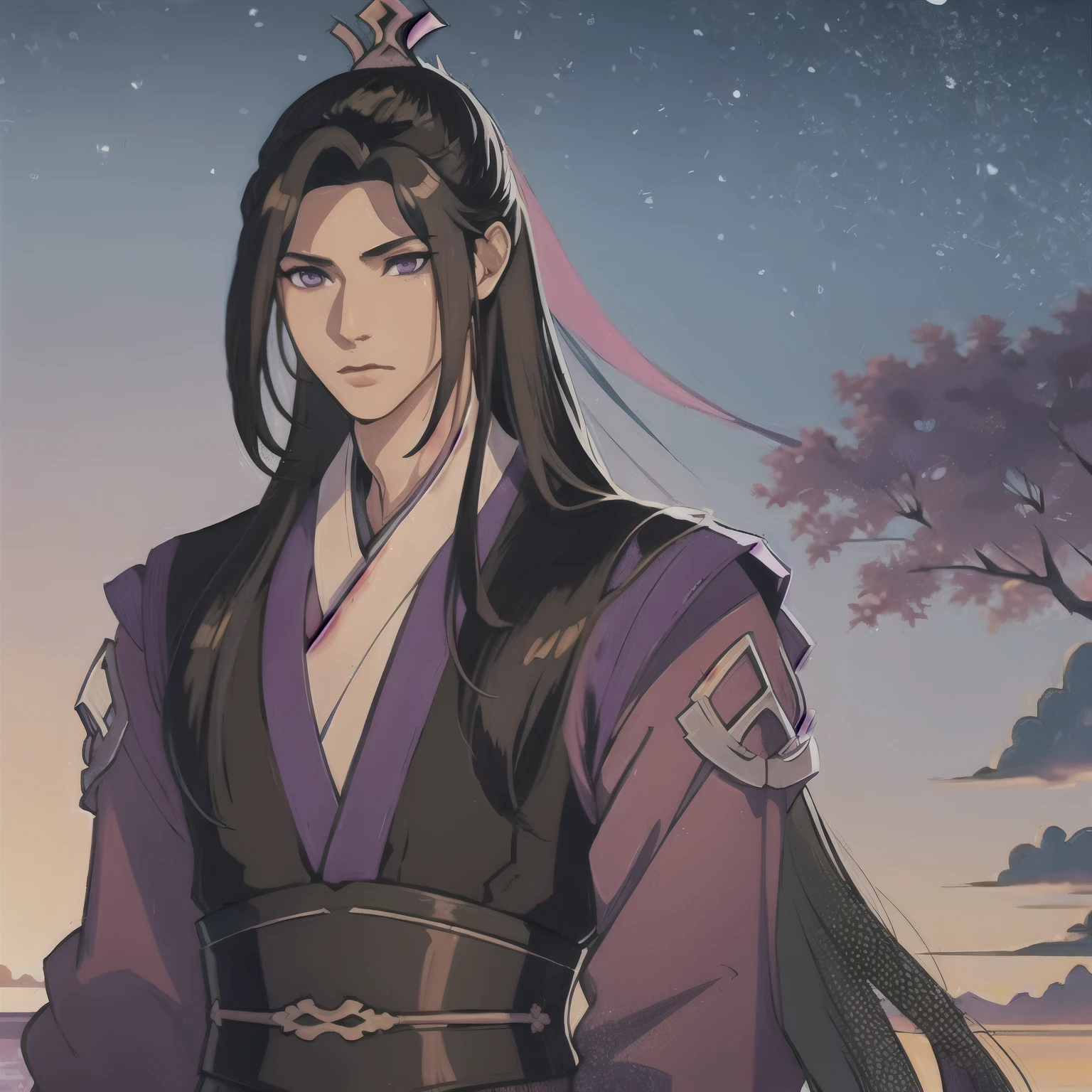 (masterpiece, best quality:1.2), 1male, solo, jiang cheng, mo dao zu shi, mdzs, purple and black clothes, purple eyes, long black hair, perfect anatomy