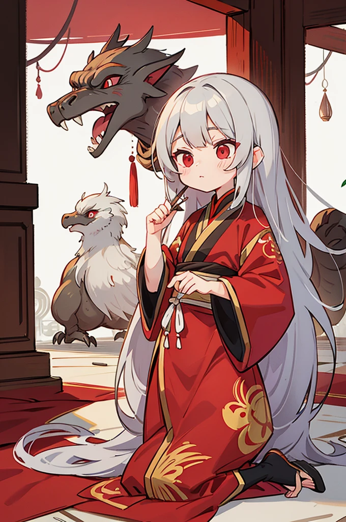 gray hair, red eyes, long hair, , Balaur ,Oriental style clothes , one person