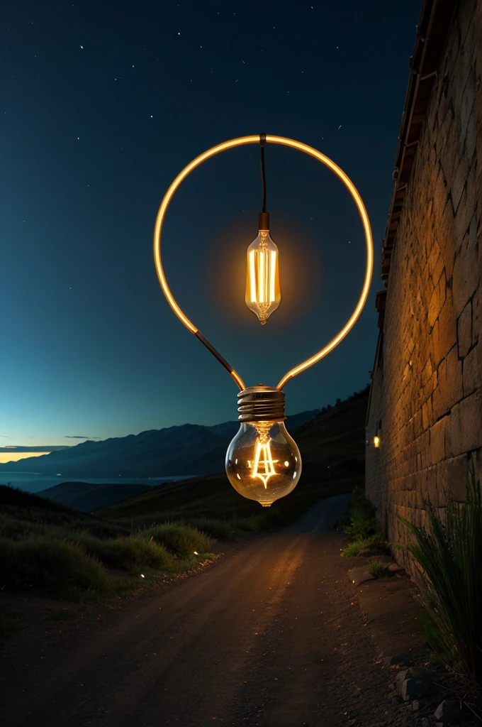 A small idea symbolized by a glowing light bulb, setting off on a journey depicted as a winding path leading to success.
