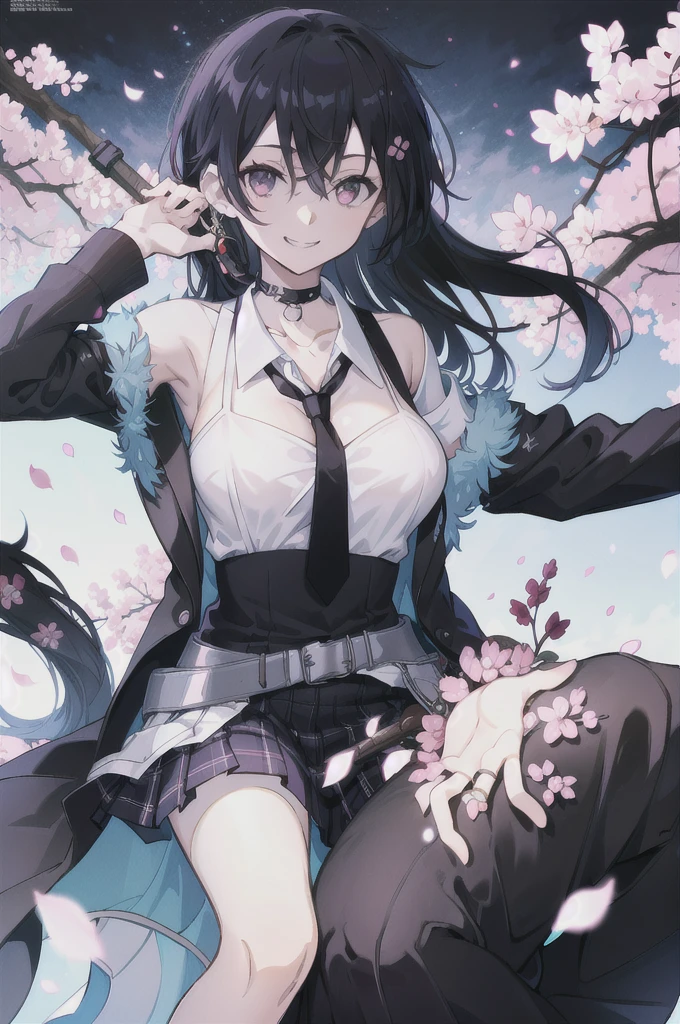 masterpiece, best quality, full body,
1girl, bangs, black choker, black necktie, black hair, blue skirt, blush, bracelet, breasts, choker, clothes around waist, collarbone, collared shirt, cowboy shot, dress shirt, ear piercing, eyebrows visible through hair, gradient hair, grin, gyaru, jewelry, kogal, long hair, looking at viewer, loose necktie, necktie, piercing, plaid, plaid skirt, pleated skirt, red eyes, ring, school uniform, shirt, skirt, smile, 独奏, white shirt,
street, sky, cherry blossoms, petals,illustration, (magazine:1.3), (cover-style:1.3), fashionable, woman, vibrant, outfit, posing, front, colorful, dynamic, background, elements, confident, expression, holding, statement, accessory, majestic, coiled, around, Touch, scene, Text, cover, bold, attention-grabbing, title, stylish, Font, catchy, headline, larger, striking, modern, trendy, focus, fashion,Female Kirito、Long hair、stocking