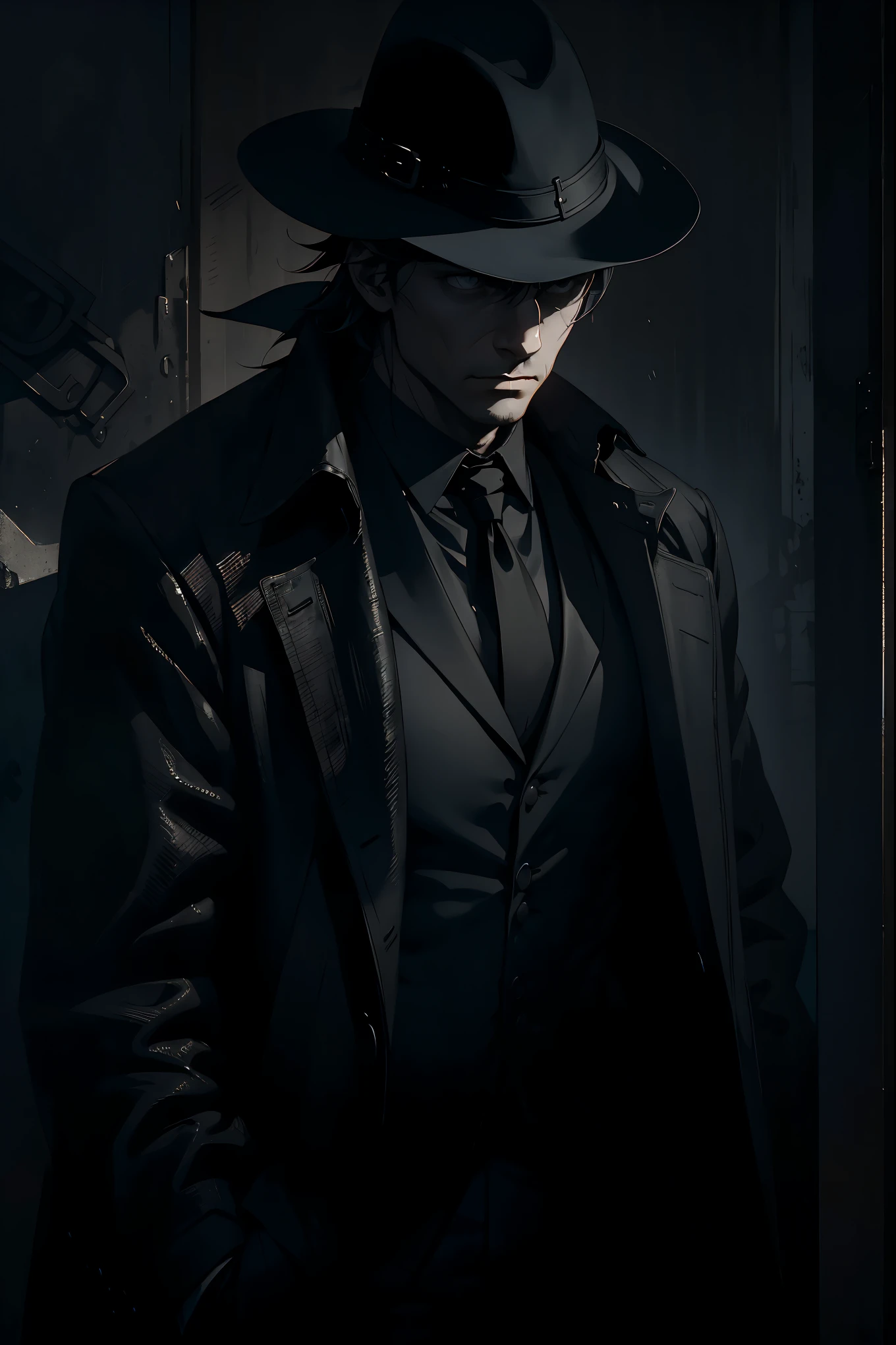 a man in a black trenchcoat,minimalist illustration,ink wash painting,impressionist art,highly detailed,intricate,cinematic lighting,dramatic shadows,moody atmosphere,muted color palette,chiaroscuro,elegant,sophisticated,stylish,powerful,brooding,atmospheric,evocative