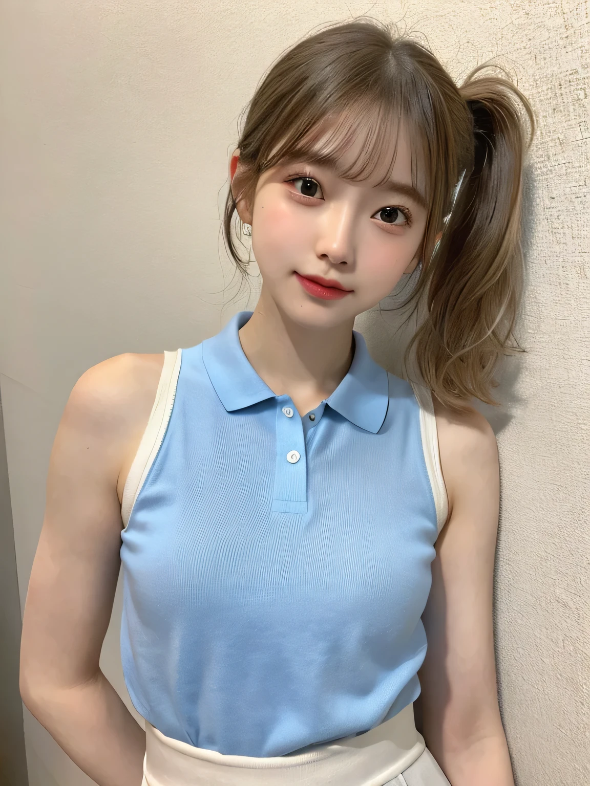 One person、13 years old、Full body photo,slender、woman、White drool coming out of the mouth、smile、、Blonde、Short Ponytail、 Fair skin, messy hair, super cute、Soft and Face、8K resolution、Surreal、Ultra high definition、 A-cup small breasts（（Highest resolution、8K、masterpiece：1.3））、Ultra-fine face、Ultra Fine Lips、Beautiful Eyes、double eyelid,Light blue wall、Sleeveless red polo shirt、White Skirt、Thighs、thin,Thighsが見える、Shapely small breasts、sexy、So cute!