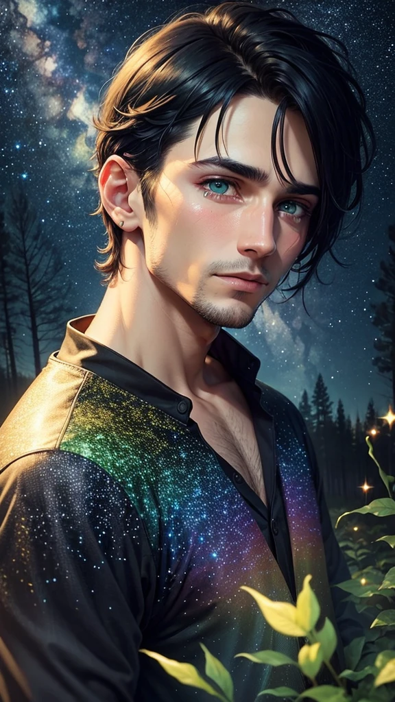 colorful forest, Sky with Stars,Glitter, a man, just face, man has short black Hair and green eyes, crying 