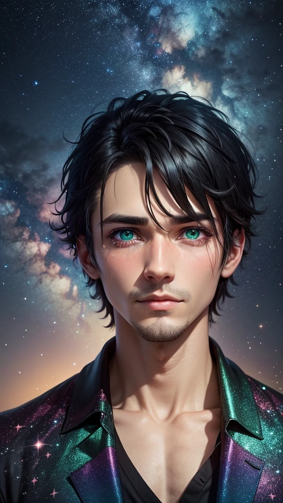 colorful forest, Sky with Stars,Glitter, a man, just face, man has short black Hair and green eyes, crying