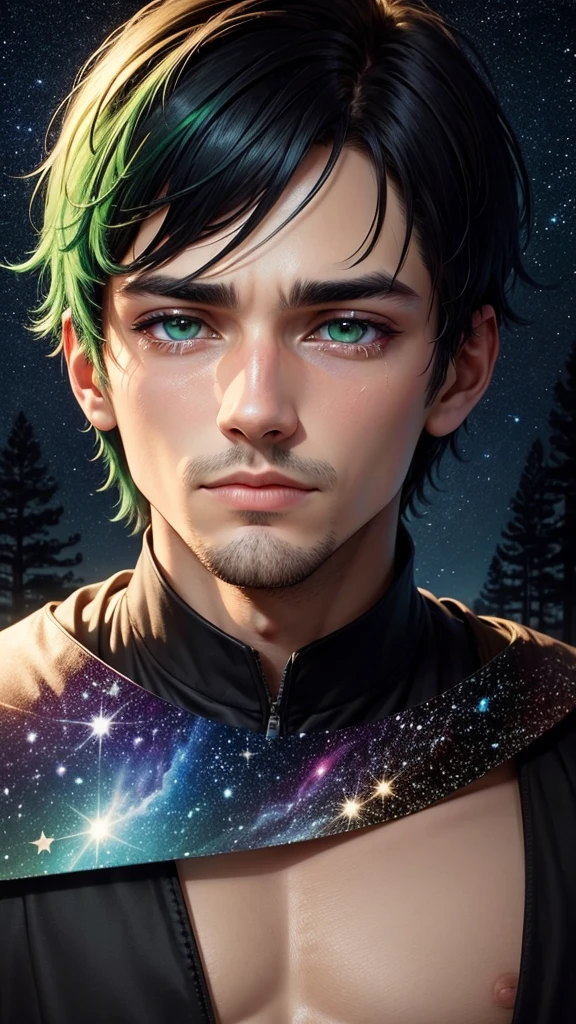 colorful forest, Sky with Stars,Glitter, a man, just face, man has short black Hair and green eyes, crying
