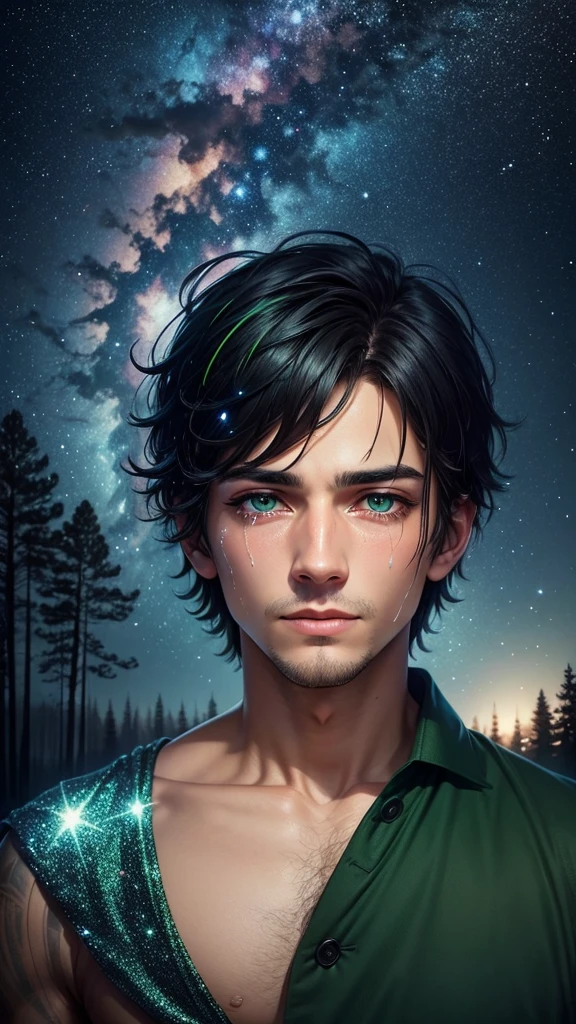 colorful forest, Sky with Stars,Glitter, a man, just face, man has short black Hair and green eyes, crying