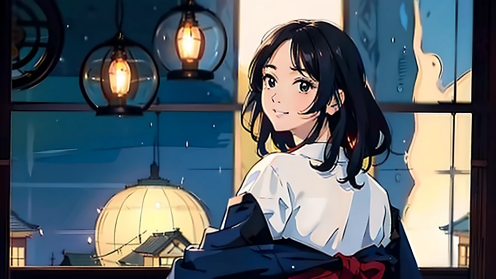 masterpiece, Highest quality, smile Dress shirt Create a scene of a 25-year-old woman looking out the window, Listening to music on headphones, In a quiet and relaxing environment, Short black hair, View from behind, Gazing at the horizon, At night, and through the window you can see fireflies and a beautiful landscape full of stars At night, Characters with lots of detail on their faces, hands and hair,Illustration Style、Showa anime、ukiyo-e、((girl))、Tokyo、Soft Touch、((Modern))、winter、High resolution, samba, latina,Rainy night,Tokyo