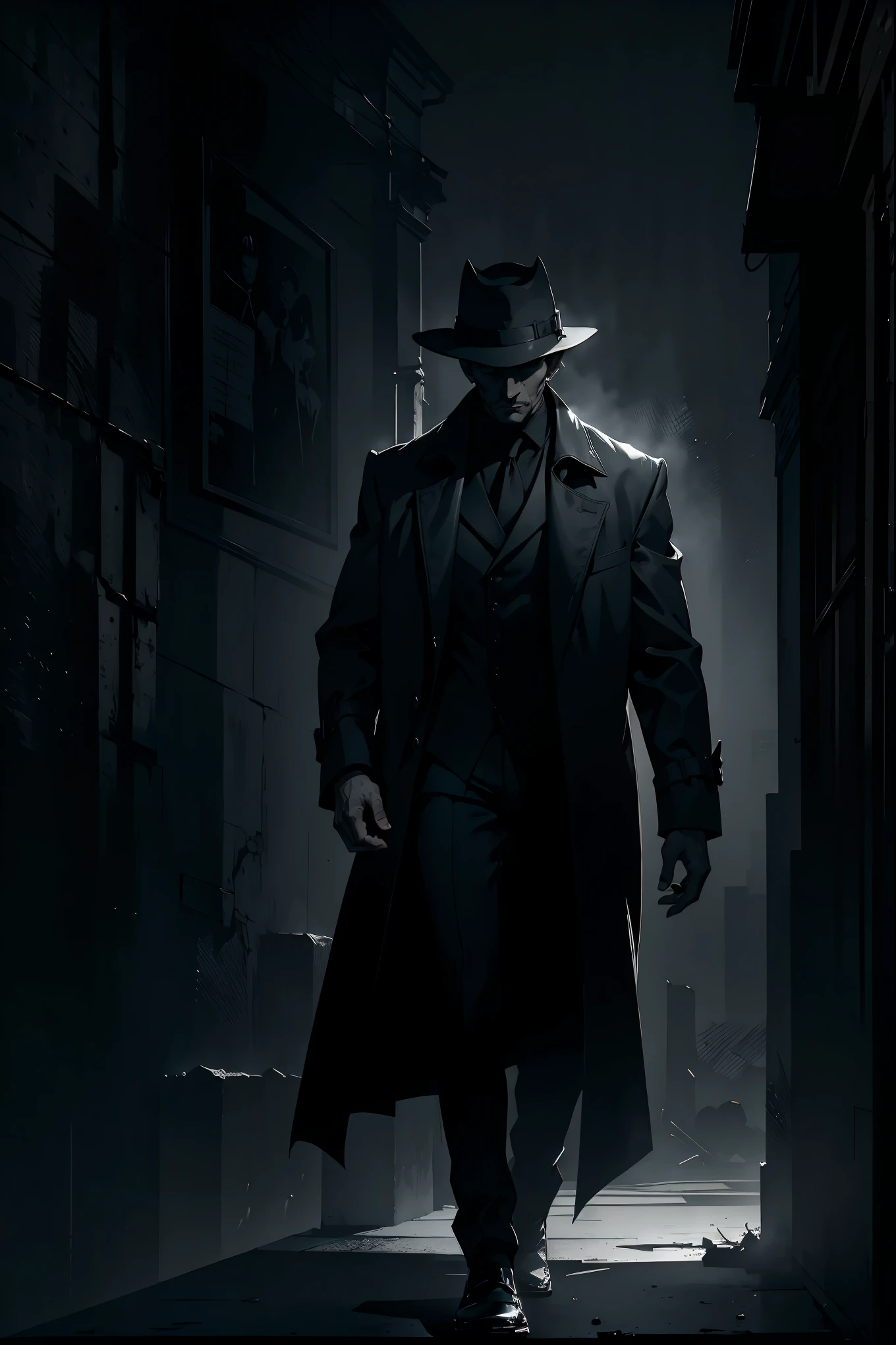 a man in a black trenchcoat,minimalist illustration,ink wash painting,impressionist art,highly detailed,intricate,cinematic lighting,dramatic shadows,moody atmosphere,muted color palette,chiaroscuro,elegant,sophisticated,stylish,powerful,brooding,atmospheric,evocative