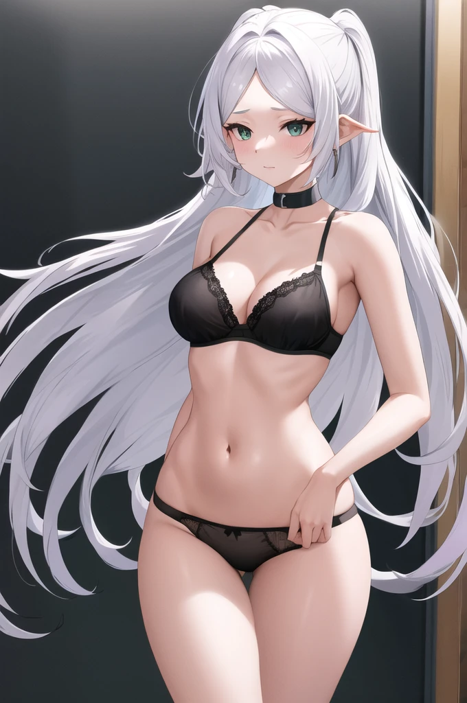 aafri, long hair, white hair she is serious black bra and black panties for women