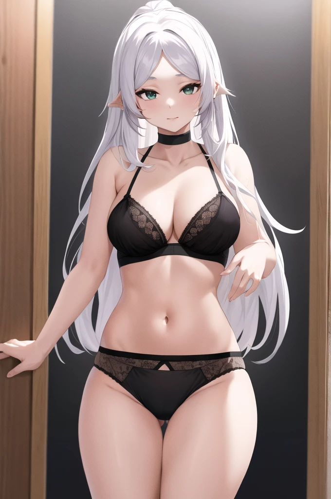 aafri, long hair, white hair she is serious black bra and black panties for women 