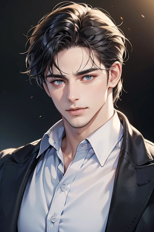 (best quality,4k,8k,highres,masterpiece:1.2),ultra-detailed,(realistic,photorealistic,photo-realistic:1.37),30 year old man,3 day beard,handsome anime,portraits,strong,masculine,dark hair,sharp jawline,mesmerizing eyes,perfectly styled hair,cool anime outfit,confident expression,vibrant colors,dynamic lighting, CEO and expression smile in love.