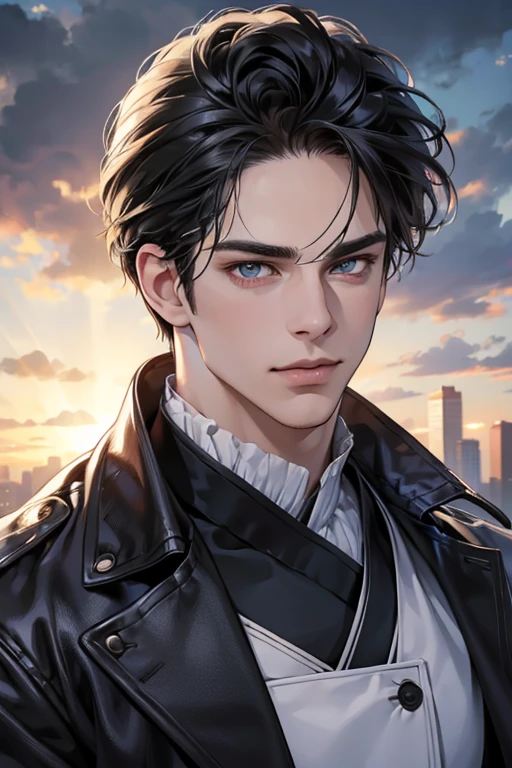 (best quality,4k,8k,highres,masterpiece:1.2),ultra-detailed,(realistic,photorealistic,photo-realistic:1.37),30 year old man,3 day beard,handsome anime,portraits,strong,masculine,dark hair,sharp jawline,mesmerizing eyes,perfectly styled hair,cool anime outfit,confident expression,vibrant colors,dynamic lighting, CEO and expression smile in love.