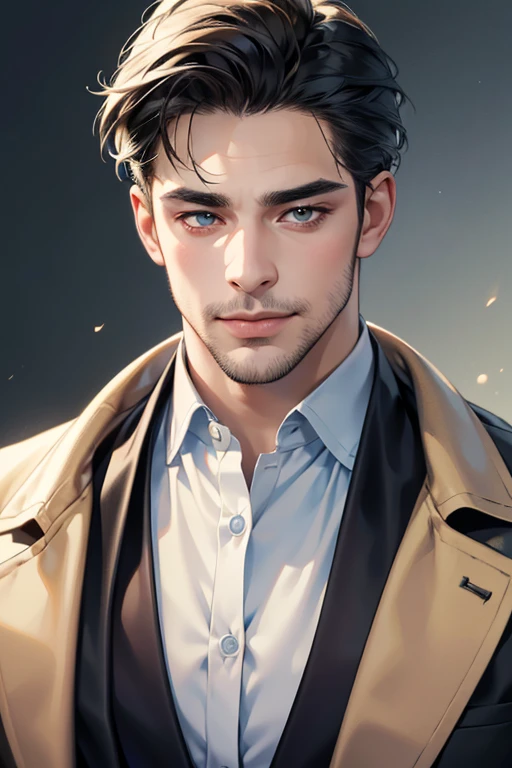 (best quality,4k,8k,highres,masterpiece:1.2),ultra-detailed,(realistic,photorealistic,photo-realistic:1.37),30 year old man,3 day beard,handsome anime,portraits,strong,masculine,dark hair,sharp jawline,mesmerizing eyes,perfectly styled hair,cool anime outfit,confident expression,vibrant colors,dynamic lighting, CEO and expression smile in love.