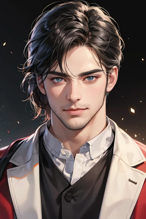 (best quality,4k,8k,highres,masterpiece:1.2),ultra-detailed,(realistic,photorealistic,photo-realistic:1.37),30 year old man,3 day beard,handsome anime,portraits,strong,masculine,dark hair,sharp jawline,mesmerizing eyes,perfectly styled hair,cool anime outfit,confident expression,vibrant colors,dynamic lighting, CEO and expression smile in love.