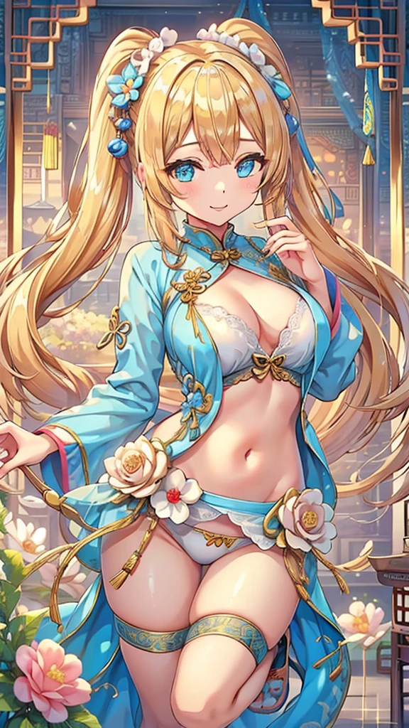 Masterpiece、Highest quality、Super detailed、1 girl、Blonde、Twin tails、Fluffy and soft long hair、Big Tits、Cleavage、Chinese Fantasy Palace、String Panties、Chinese clothing、A chest that looks like it is about to burst、smile、Aquamarine Eyes、No bra、