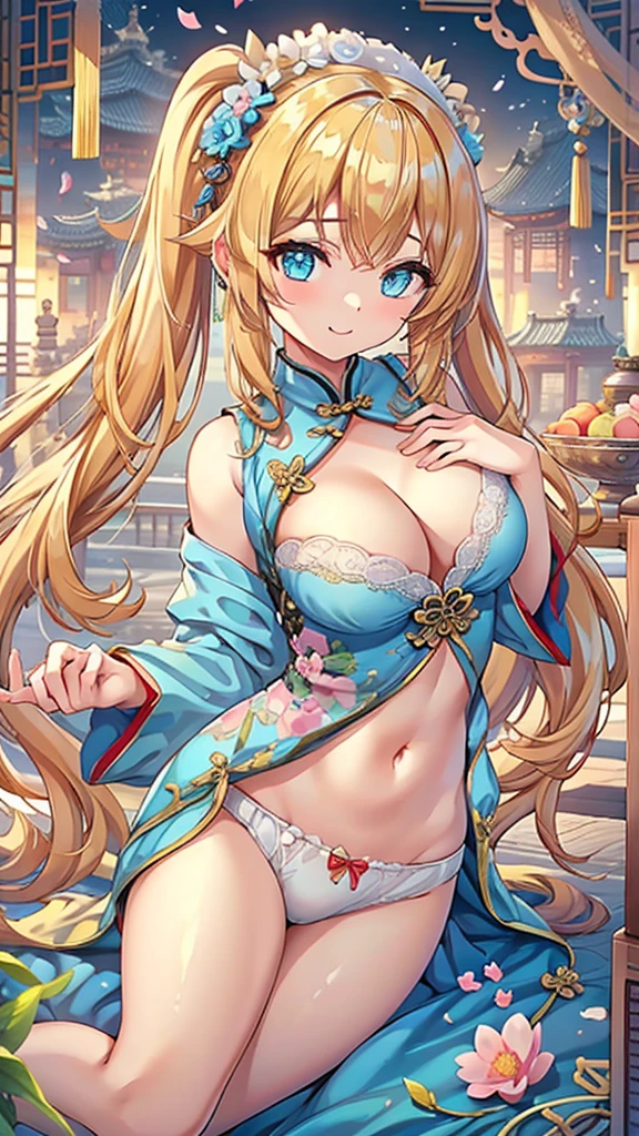 Masterpiece、Highest quality、Super detailed、1 girl、Blonde、Twin tails、Fluffy and soft long hair、Big Tits、Cleavage、Chinese Fantasy Palace、String Panties、Chinese clothing、A  that looks like it is about to burst、smile、Aquamarine Eyes、No bra、
