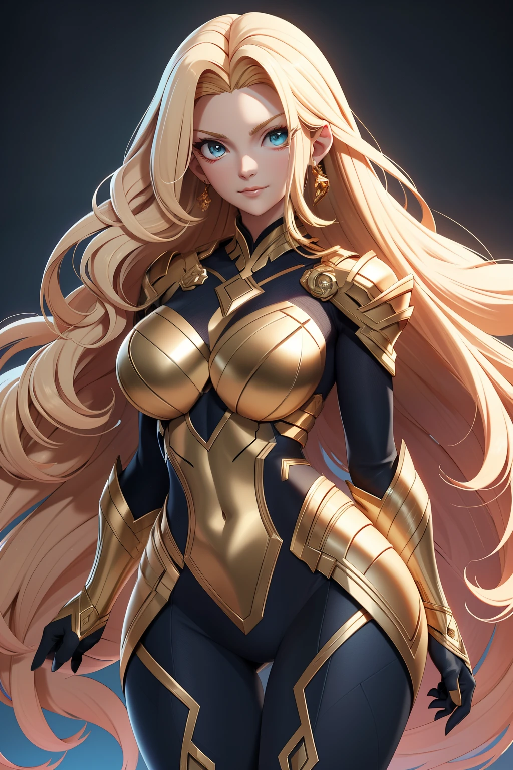 A majestic figure of a woman graces the scene, her very long blonde hair cascading down her back like a golden waterfall, perfectly complementing her white skin complexion. She stands out in an armor suit inspired by both Aphrodite and Jean Grey, its detailed design exuding a sense of womanly strength and allure. The armor suit extends to her gloves, with intricate patterns and ornaments adorning each piece.
Despite the bulk of her armor, her waistline is impossibly small, accentuating her abs and creating a stark contrast between her upper and lower body. The circumference of her lower extremities far exceeds 90 inches, a testament to her