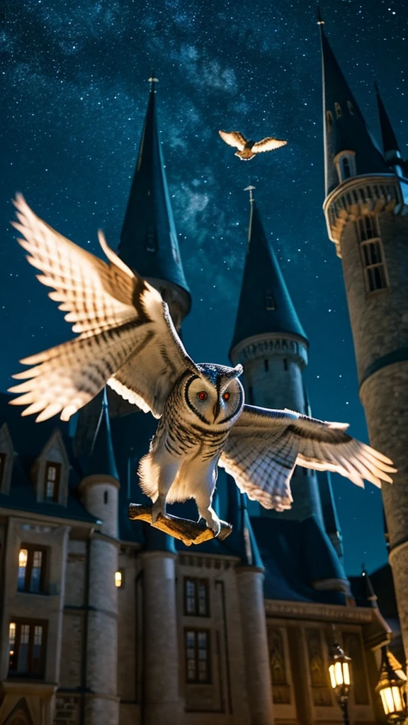 The owl is flying,Night Sky,Hogwarts,Photorealistic, precise and high quality