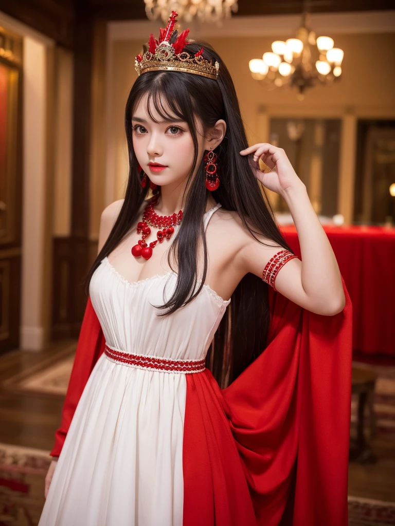 、Highest quality , sexy, Ultra-high resolution, RAW Photos, girl, indoor, White skin, Long Hair ,whole body,Black Hair、Red color clothes、American national costume、Red color crown、Red color necklace、Red wrist ornament、Red color earrings、