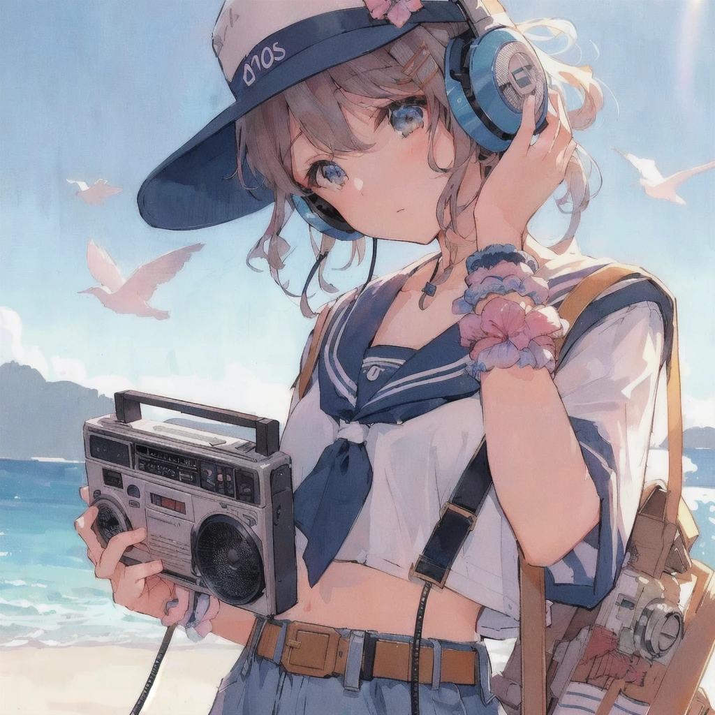 Anime girl listening to music on an old portable audio device by the water,headphone,Anime atmosphere, Anime Style 4k, 80年代のAnime atmosphere, Sandy Beach,Lo-fi Girl, Nightcore, 4K Manga Wallpapers, A mix of anime style and Fujifilm, Anime Aesthetics, anime wallpaper 4k, anime wallpaper 4k, Lo-fi art style, 4k anime wallpaper, Ultra HD Anime Wallpaper
