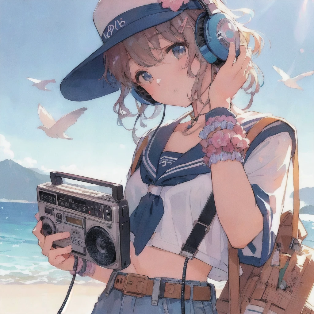 Anime girl listening to music on an old portable audio device by the water,headphone,Anime atmosphere, Anime Style 4k, 80年代のAnime atmosphere, Sandy Beach,Lo-fi Girl, Nightcore, 4K Manga Wallpapers, A mix of anime style and Fujifilm, Anime Aesthetics, anime wallpaper 4k, anime wallpaper 4k, Lo-fi art style, 4k anime wallpaper, Ultra HD Anime Wallpaper