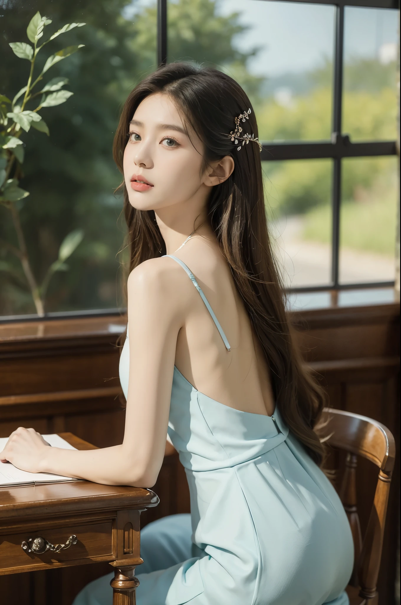 (((best quality))),(((ultra detailed))),(((masterpiece))),illustration,1girl,high school girl,solo,slim,thin,summer,sunshine,luxurious classroom,anticipation,beautiful,elegant,desk,college application form,sleeveless dress,light blue,summer sky,delicate floral pattern,shoulder length straight hair,sunlight,shimmering aura,fair skin,smooth skin,deep green eyes,luxury,plush leather chairs,richly patterned walls,state-of-the-art technology,open windows,summer breeze,freshly mown grass,distant bird songs,graceful movements,precise movements,serene face,focus,determination,dreams,aspirations,journey,fulfill academic goals,portrait,resilience,hope,future,courage,confidence,from back,upper body,bare back,towering hips,butt crack