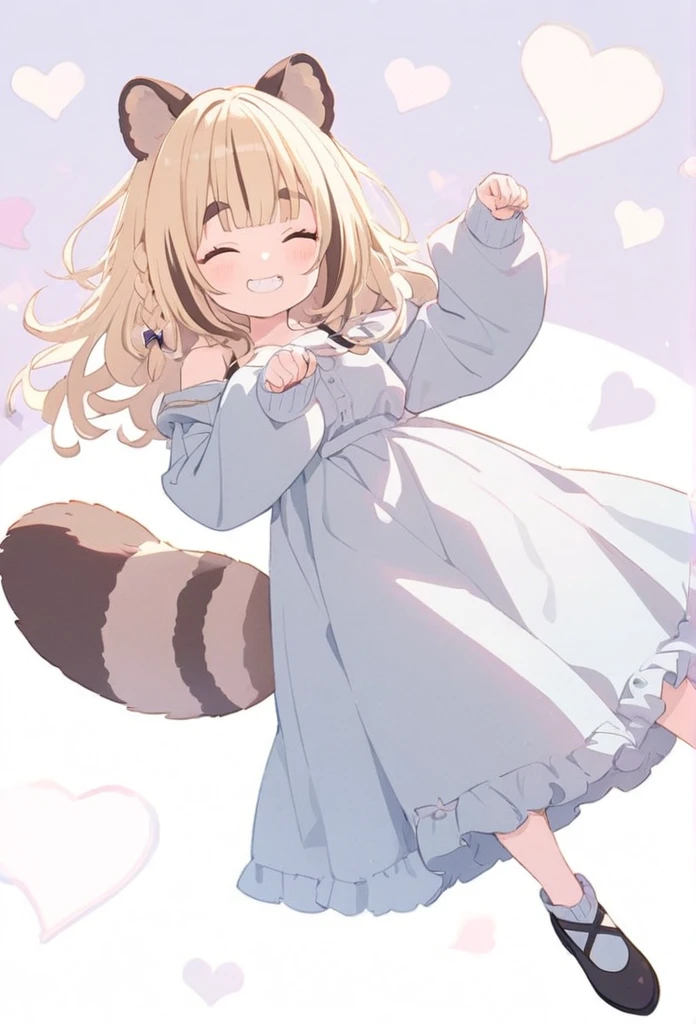 anime,(pale colors:1.8),long shot, 1girl, (on right:1.3), full body, solo, grin, smile, closed eyes, dynamic angle, lying on, paw pose, fang, tongue,  light yellow hair, racoon ears, racoon tail, (brown streaked hair:1.3), side braid, (blunt bangs), wavy hair,thick eyebrows, off shoulder clothes, cutout, heart background, 