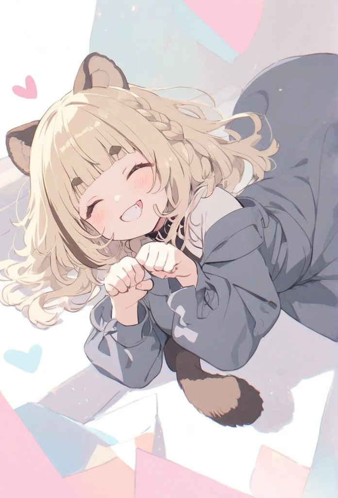anime,(pale colors:1.8),long shot, 1girl, (on right:1.3), full body, solo, grin, smile, closed eyes, dynamic angle, lying on, paw pose, fang, tongue, light yellow hair, racoon ears, racoon tail, (brown streaked hair:1.3), side braid, (blunt bangs), wavy hair,thick eyebrows, off shoulder clothes, cutout, heart background,