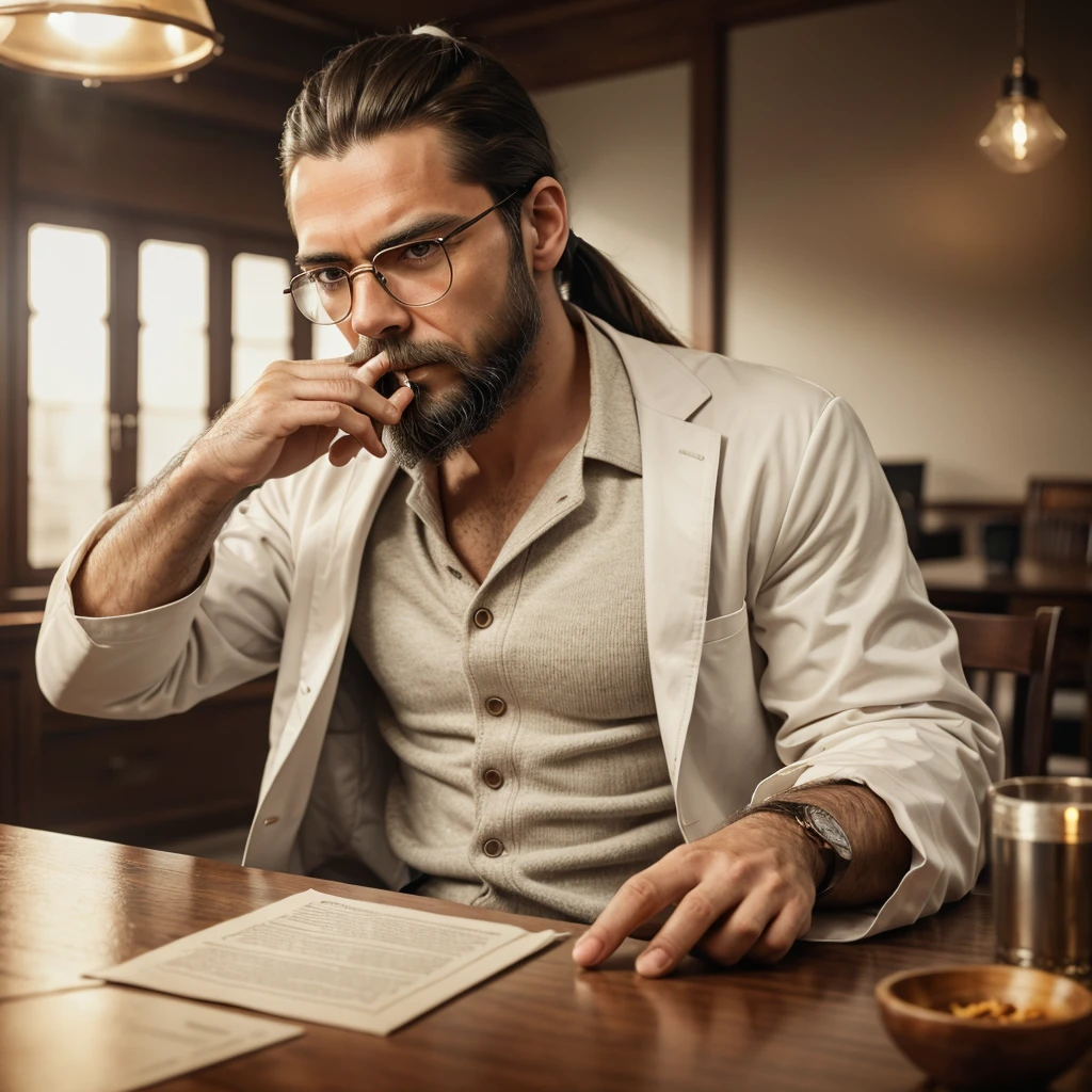 realistic man with medium length hair tied back in a ponytail, medium sized beard, wearing glasses, white lab coat, sitting at a table smoking a pipe, intricate details, highly detailed face and hands, warm lighting, cinematic composition, elegant, refined, sophisticated, photorealistic, 8k, best quality
