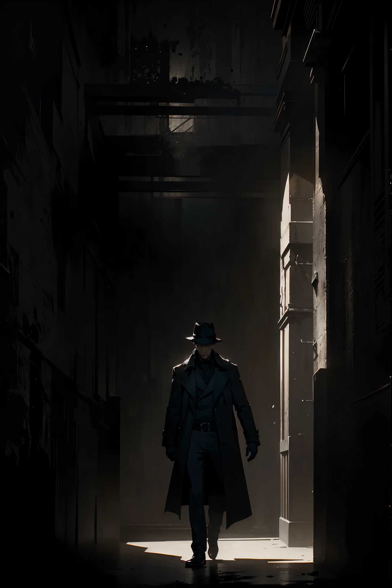 a man in a black trenchcoat,minimalist illustration,ink wash painting,impressionist art,highly detailed,intricate,cinematic lighting,dramatic shadows,moody atmosphere,muted color palette,chiaroscuro,elegant,sophisticated,stylish,powerful,brooding,atmospheric,evocative