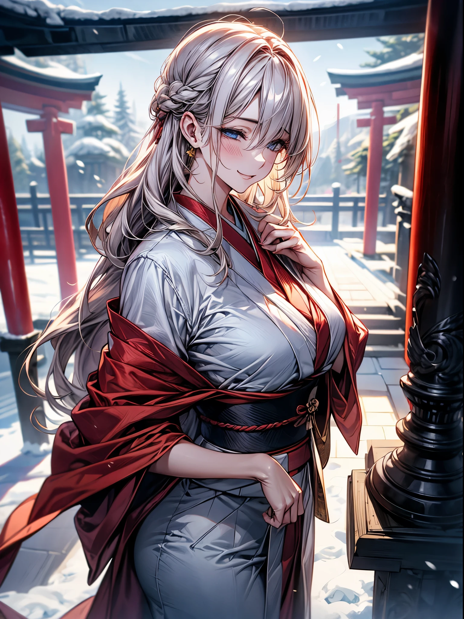 (masterpiece, best quality:1.2), (high resolution, 8K RAW photo, photo realistics, clear focus), (natural lighting, textile shading), pov, solo, face focus, 1 matured woman, 28 years old, (milf:1.5), raised sexy, New Year's visit, put your hand together, praying for happiness, closed eyes, smile, light Purple hair, medium long hair, hair over one eye, asymmetric hair, half updo hair, wavy hair, blue eyes, japanese clothes, kimono, at ZEN garden in Japanese temple, in front of torii gate, in winter, snowy ground with fallen snow, snowflakes, depth of field, bokeh, dynamic angle, from side above, (correct anatomy, ideal ratio of body proportions), in a night, under starry sky,