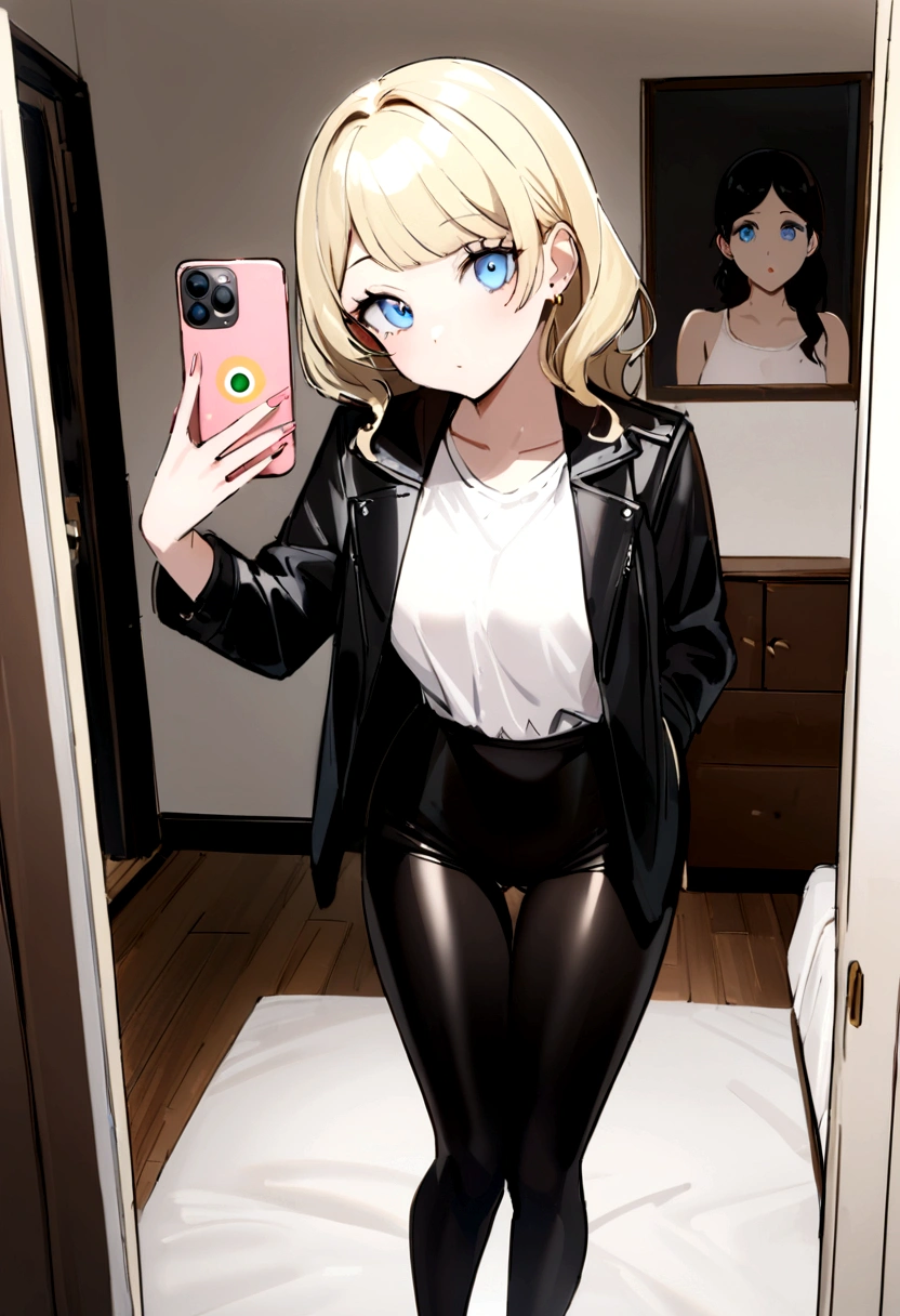 Woman with matching leather leather panties, sexy girl with blue eyes, portrait Sophie Mudd, Portrait of Corinna Kopf, blonde hair and big eyes, selfie of a young woman, ohne Makeup, natural make-up, Look directly into the camera, face with artgram, subtle make-up, Stunning full body photo, in bedroom, tetas grandes, bionde, black colored leggings, White top with black jacket