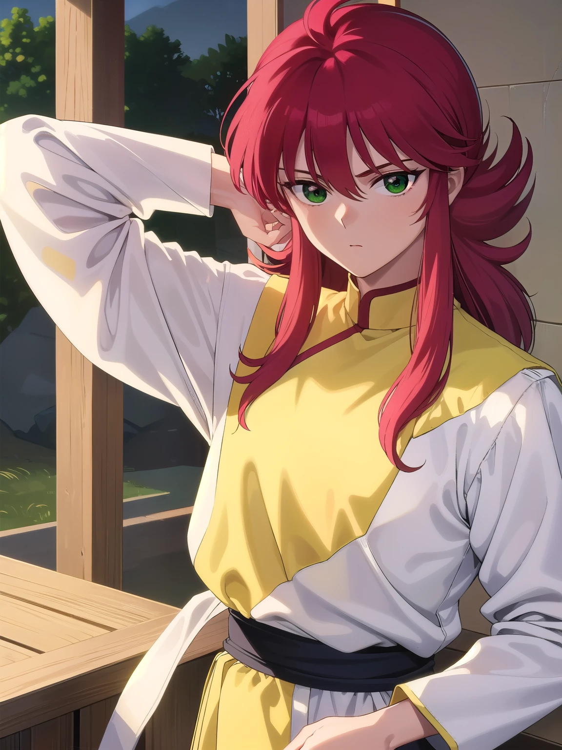 kurama, kurama, long hair, red hair, bangs, (green eyes:1.5), (retro artstyle:1.5), 1990s \(style\),
BREAK long sleeves, pants, chinese clothes, white pants, (yellow shirt:1.5), (white sleeves:1.5), (pelvic curtain:1.2), sash, sleeveless shirt, (((dark sky back ground)))
BREAK looking at viewer, cowboy shot,
BREAK (masterpiece:1.2), best quality, high resolution, unity 8k wallpaper, (illustration:0.8), (beautiful detailed eyes:1.6), extremely detailed face, perfect lighting, extremely detailed CG, (perfect hands, perfect anatomy),