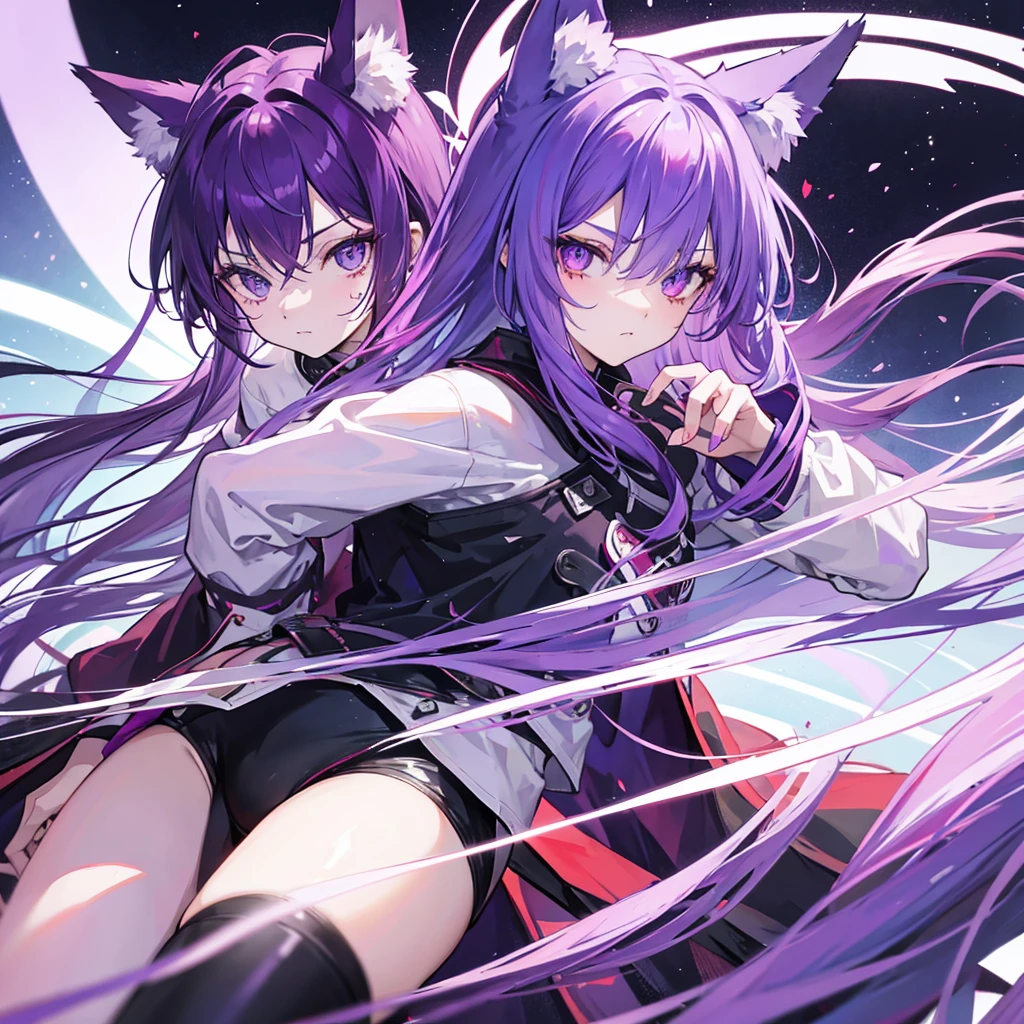 Purple hair, long hair, odd eyes, red right eye, blue left eye, purple fox ears, purple fox tail 