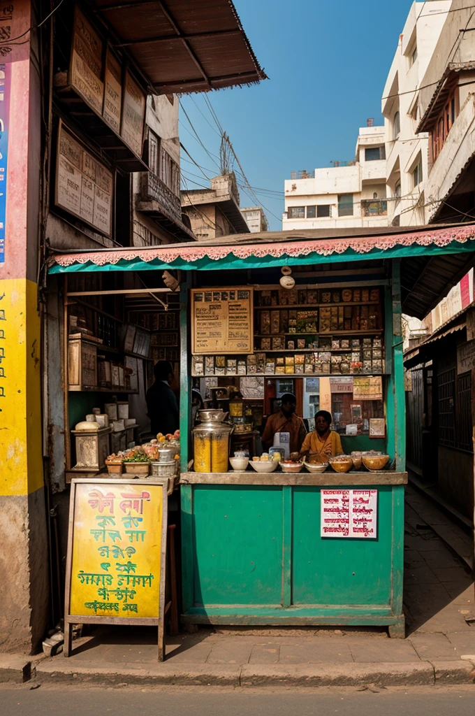 A small, charming tea stall on a bustling Indian street, with a modest signboard reading 'Ramesh's Tea