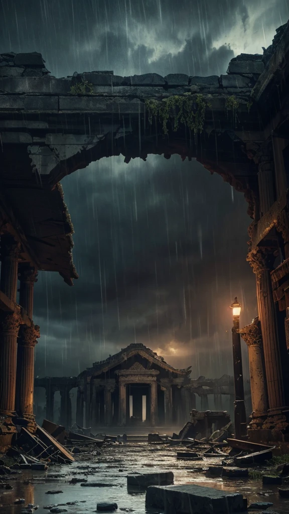 (Highest quality, masterpiece),( Dark Sky, heavy rain, Inside the ruined temple, Low water level、Water is stagnant, ), Realistic Background, 2112, Light*_black_particle,