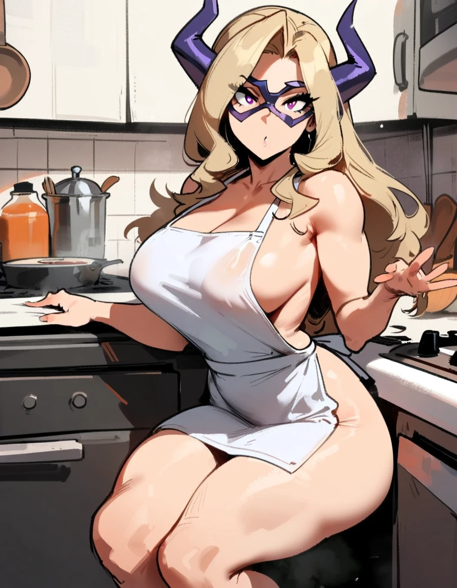 1girl, mount lady, boku no hero academia \\\\\ masterpiece, best quality, very aesthetic, absurdres, newest \\\\\\ sportive body, \\\\\\ by dodok, nyantcha, cutesexyrobutts, by khyle ///// blonde, purple eyes, , 24 years old,kitchen, wearing only apron, big tits, naked
