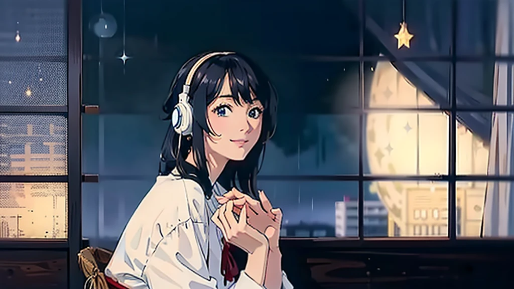 masterpiece, Highest quality, smile Dress shirt Create a scene of a 25-year-old woman looking out the window, Listening to music on headphones, In a quiet and relaxing environment, Short black hair, View from behind, Gazing at the horizon, At night, and through the window you can see fireflies and a beautiful landscape full of stars At night, Characters with lots of detail on their faces, hands and hair,Illustration Style、Showa anime、ukiyo-e、((girl))、Tokyo、Soft Touch、((Modern))、winter、High resolution, samba, latina,Rainy night,Tokyo