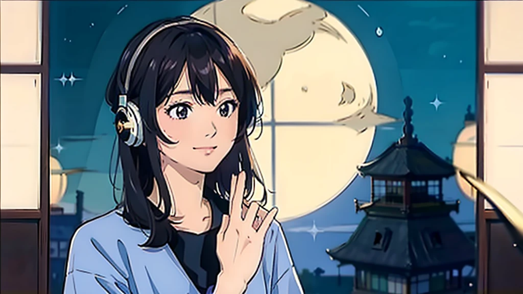 masterpiece, Highest quality, smile Dress shirt Create a scene of a 25-year-old woman looking out the window, Listening to music on headphones, In a quiet and relaxing environment, Short black hair, View from behind, Gazing at the horizon, At night, and through the window you can see fireflies and a beautiful landscape full of stars At night, Characters with lots of detail on their faces, hands and hair,Illustration Style、Showa anime、ukiyo-e、((girl))、Tokyo、Soft Touch、((Modern))、winter、High resolution, samba, latina,Rainy night,Tokyo