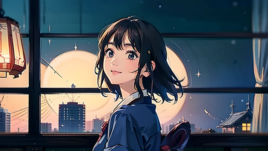 masterpiece, Highest quality, smile Dress shirt Create a scene of a 25-year-old woman looking out the window, Listening to music on headphones, In a quiet and relaxing environment, Short black hair, View from behind, Gazing at the horizon, At night, and through the window you can see fireflies and a beautiful landscape full of stars At night, Characters with lots of detail on their faces, hands and hair,Illustration Style、Showa anime、ukiyo-e、((girl))、Tokyo、Soft Touch、((Modern))、winter、High resolution, samba, latina,Rainy night,Tokyo