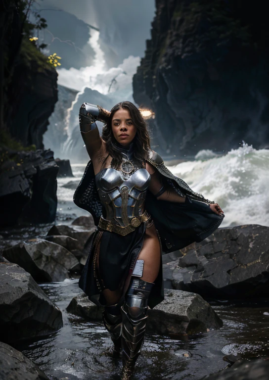 ((masterpiece)), (best quality), perfect anatomy, highres, detailed, (8k), photorealistic, best quality, ultra highres, ((detailed face)), a Realistic full body portrait of Tessa Thompson as Thor God Of Thunder in the iconic outfit from the Avengers Movies and MCU The costume depicted in the image is a meticulously crafted suit of armor, predominantly silver with black detailing and the 6 round disk that flank the torso. It features: Chest Plate: Embellished with circular, Norse-inspired motifs. Shoulder Armor: Layered metal pieces symbolize strength. Arm Coverage: Chainmail textures suggest flexibility and defense. Cape: A flowing red cape adds a majestic element. , wielding the mighty hammer above her head in a raging thunder storm waves crashing against the rocks in the background