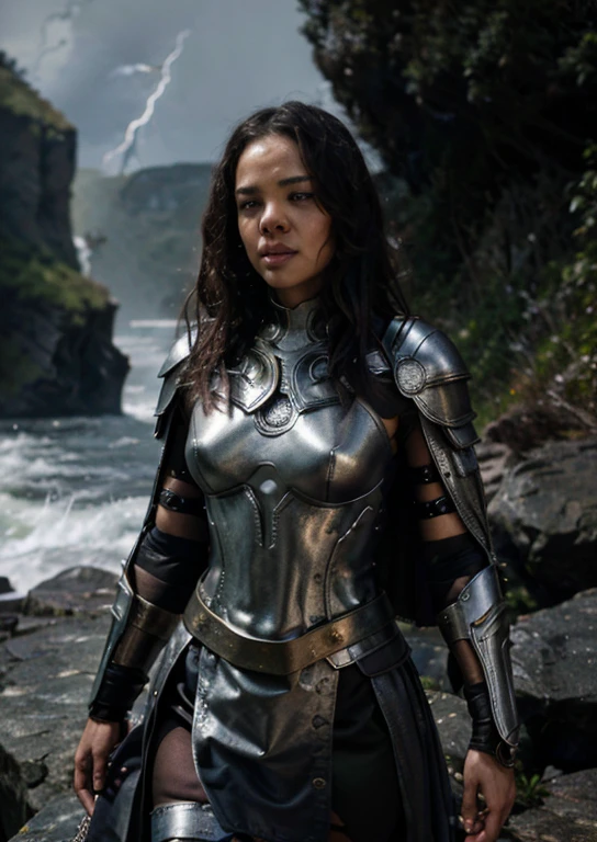 ((masterpiece)), (best quality), perfect anatomy, highres, detailed, (8k), photorealistic, best quality, ultra highres, ((detailed face)), a Realistic full body portrait of Tessa Thompson as Thor God Of Thunder in the iconic outfit from the Avengers Movies and MCU The costume depicted in the image is a meticulously crafted suit of armor, predominantly silver with black detailing and the 6 round disk that flank the torso. It features: Chest Plate: Embellished with circular, Norse-inspired motifs. Shoulder Armor: Layered metal pieces symbolize strength. Arm Coverage: Chainmail textures suggest flexibility and defense. Cape: A flowing red cape adds a majestic element. , wielding the mighty hammer above her head in a raging thunder storm waves crashing against the rocks in the background