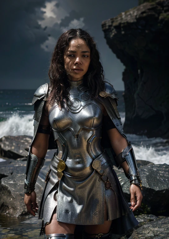 ((masterpiece)), (best quality), perfect anatomy, highres, detailed, (8k), photorealistic, best quality, ultra highres, ((detailed face)), a Realistic full body portrait of Tessa Thompson as Thor God Of Thunder in the iconic outfit from the Avengers Movies and MCU The costume depicted in the image is a meticulously crafted suit of armor, predominantly silver with black detailing and the 6 round disk that flank the torso. It features: Chest Plate: Embellished with circular, Norse-inspired motifs. Shoulder Armor: Layered metal pieces symbolize strength. Arm Coverage: Chainmail textures suggest flexibility and defense. Cape: A flowing red cape adds a majestic element. , wielding the mighty hammer above her head in a raging thunder storm waves crashing against the rocks in the background