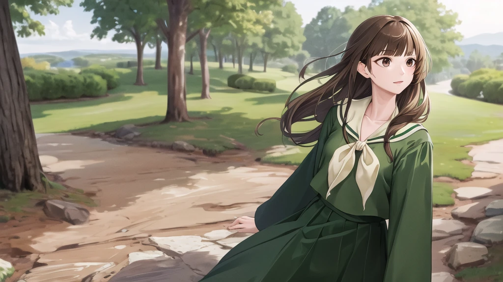 masterpiece, Highest quality, High resolution, aayoshino, Long Hair, Twin Blade, Brown eyes, Hair that falls over the shoulders, , Sailor collar, neckerchief, Green Shirt, One piece sailor shirt, Long sleeve, Green Skirt, Long skirt, Are standing, Cowboy Shot, Outdoor,