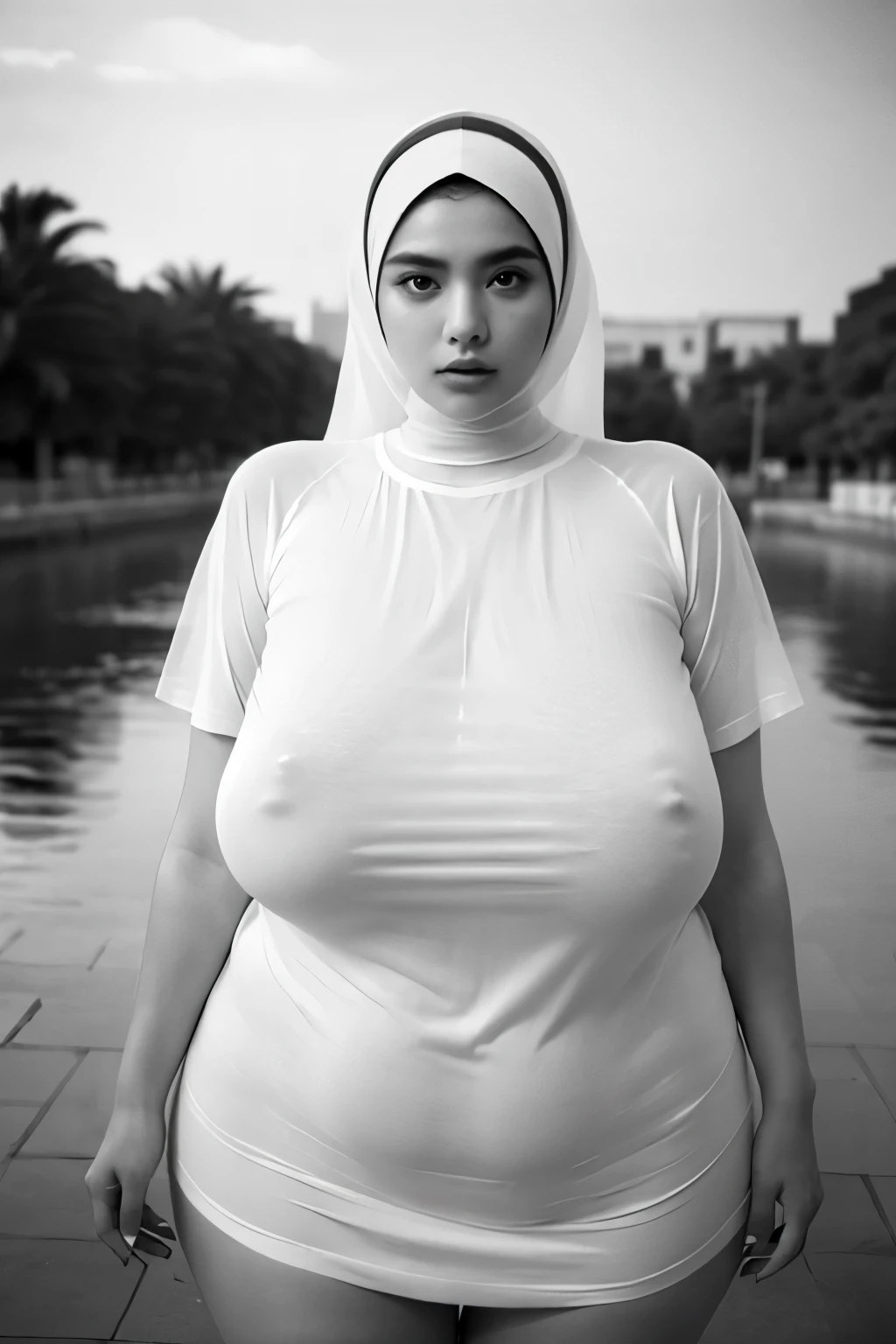 naked fat woman, naked woman in hijab, big stunning giant goddess shot, Very delicate eyes, ((black and white thin wide t-shirt) big, see-through ,Too much,big and gloomy,big little song , (((masterpiece)) ), ((best quality))), ((intricate details)), ((Surrealism))(8k))