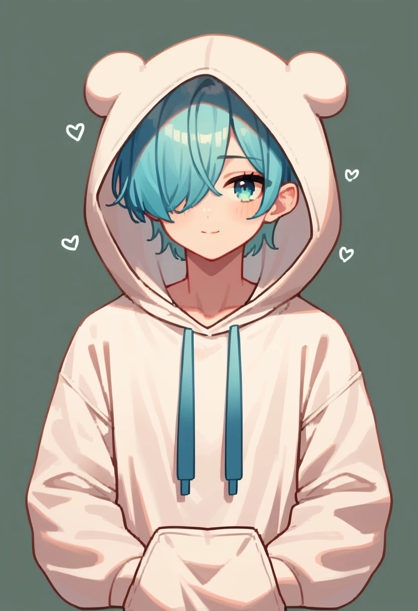 score_9, score_8_up, score_7_up, score_6_up, 1boy, long cyan hair, hair over one eye, oversized hoodie, exposed lower half, heart shaped floating icons