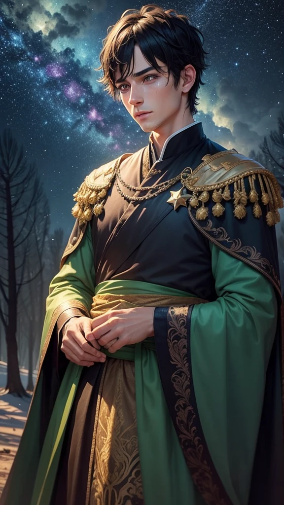 colorful forest, Sky with Stars,Glitter, a man, just face, man has short black Hair and green eyes, crying, tears, royal clothes