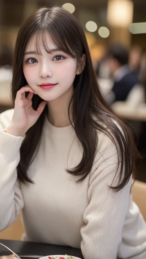 Tabletop, Highest quality, shape, Very detailed, finely, High resolution, 8k wallpaper, 完璧なダイナミックな構shape, Beautiful and exquisite, Gorgeous black fluffy Tokyo winter wear,ランダムなcute髪,Small breasts,Natural color lip, ,smile、20-year-old girl、cute、常にBlur the background,Perfect and beautiful face,Photograph only the face,Beautiful and dense face、Slim face and figure,Big eyes、Putting on gal makeup,Blur the background,Blur the background,Face close-up